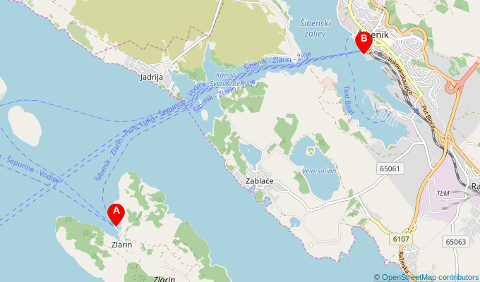Map of ferry route between Zlarin and Sibenik